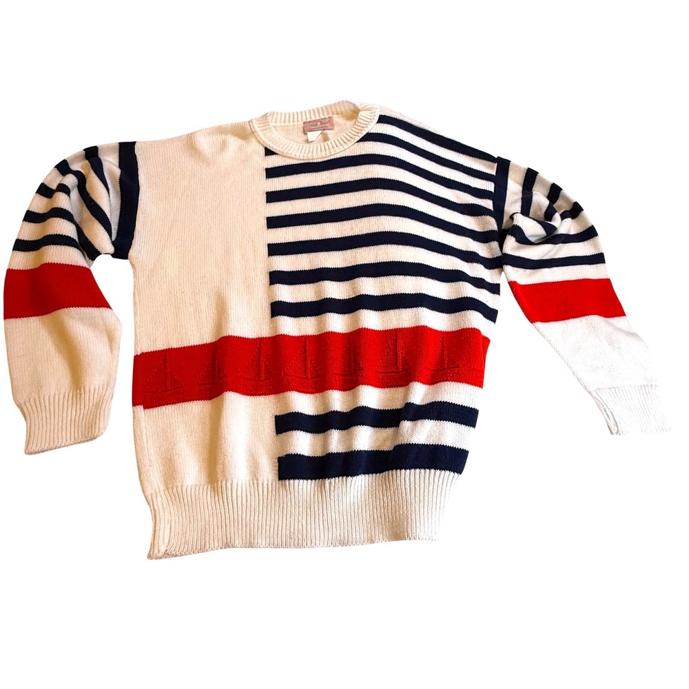 Vintage Classic Directions Nautical Sailboat Sweater Red White Blue Striped 20W